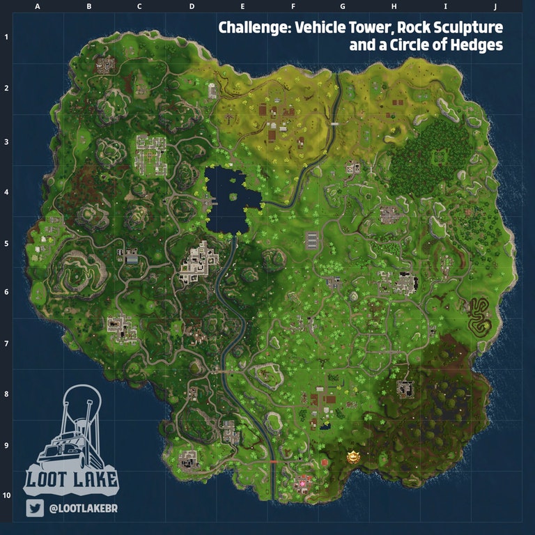 Search between a Vehicle Tower, Rock Sculpture, and a Circle of Hedges Challenge