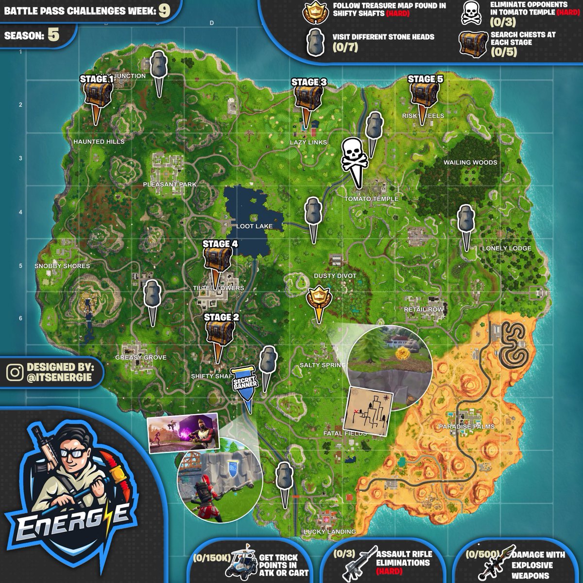 Fortnite Challenges season 5 week 9 cheat sheet