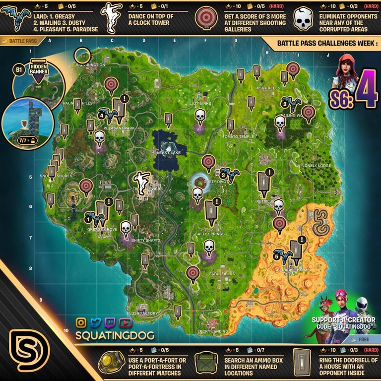 Season 6 week 4 challenges cheat sheet fortnite map