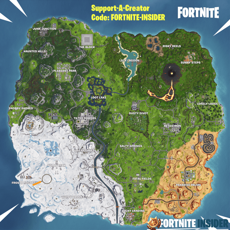 Search where the magnifying glass sits on the Treasure Map loading screen Fortnite Map