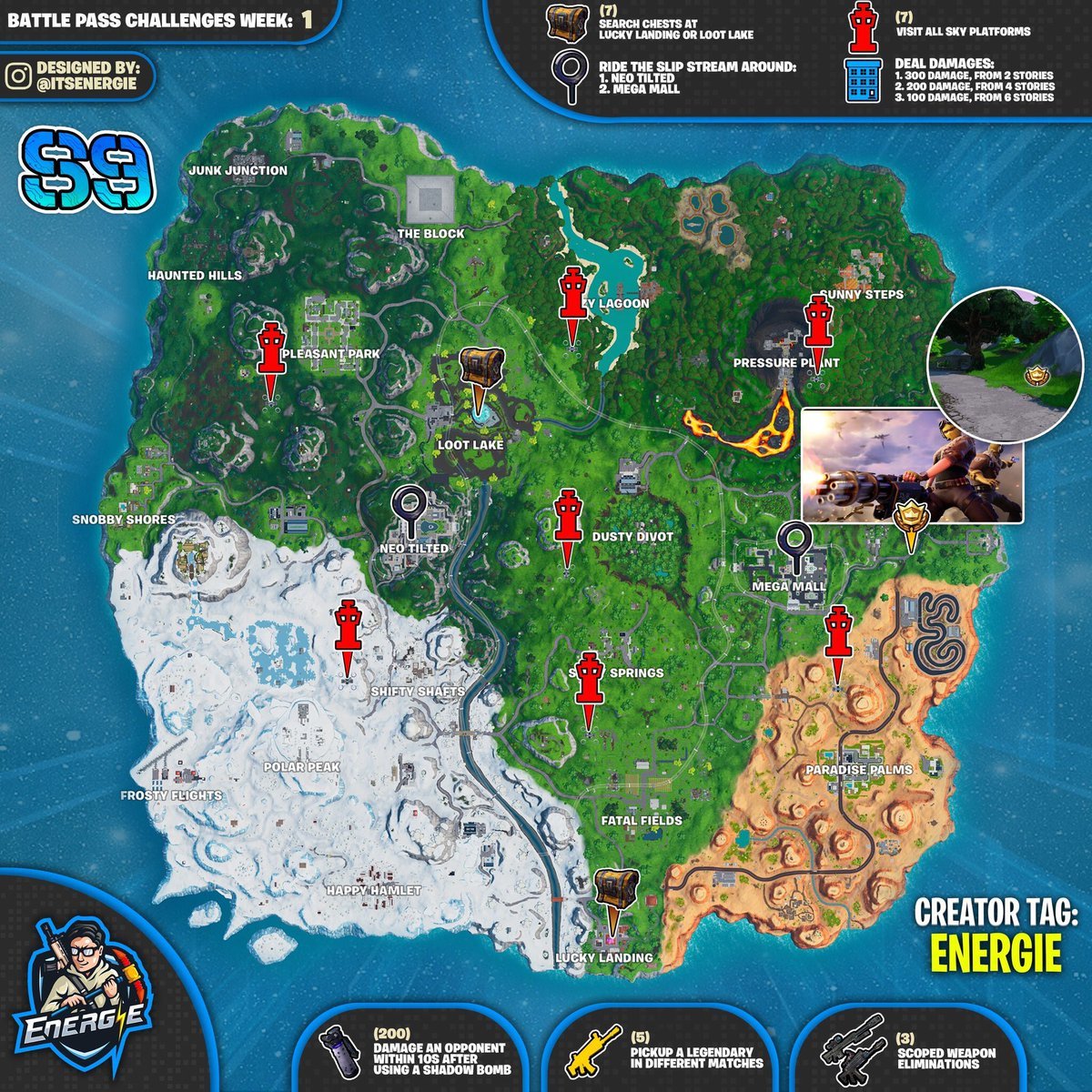 Fortnite Season 9, Week 1 Challenges Cheat Sheet Map