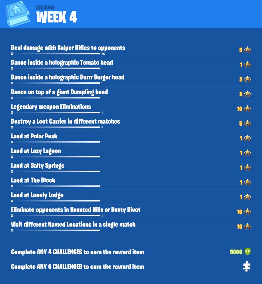 Fortnite Season 9, Week 4 Leaked Challenges - via @FireMonkeyFN