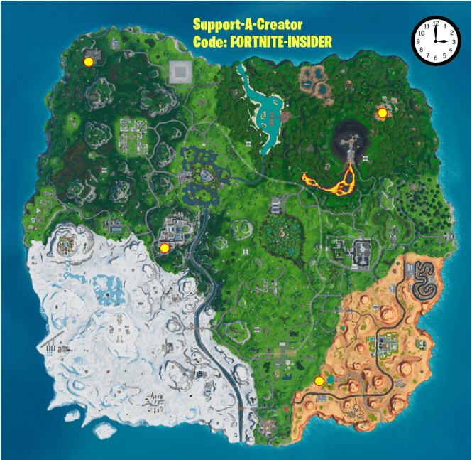 Fortnite Season 9, Week 8 Challenges - Clock Locations on Map