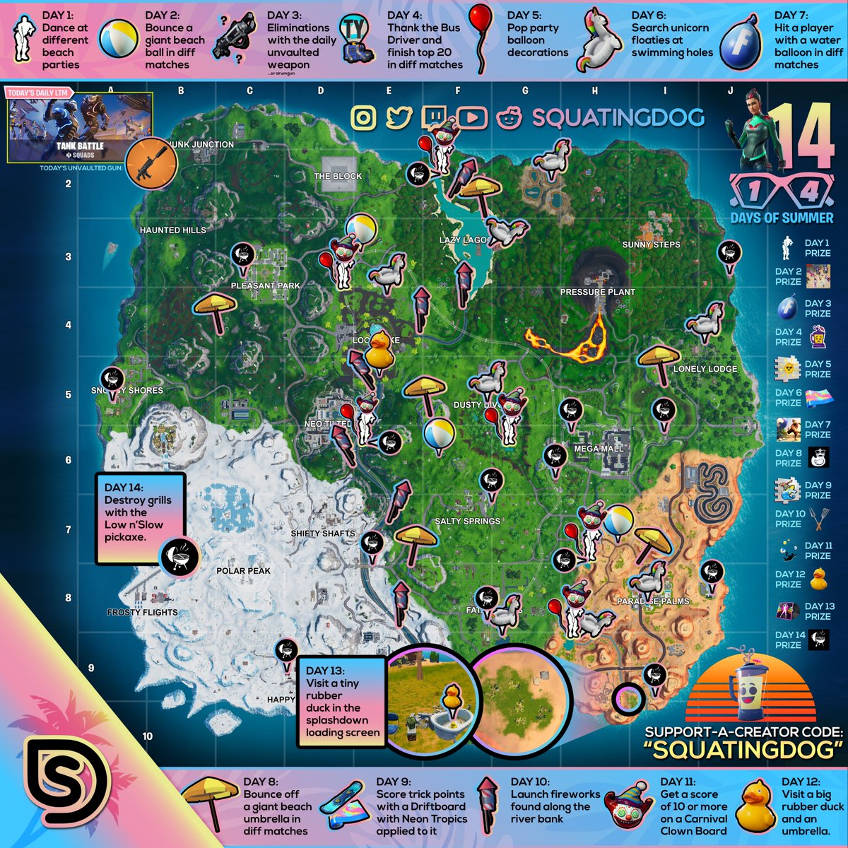 Fortnite 14 Days of Summer Challenge Cheat Sheet Map