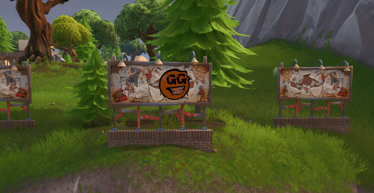Fortnite Spray & Pray Mission Challenge Visit graffiti covered billboards in a single match Location - East of Shifty Shafts