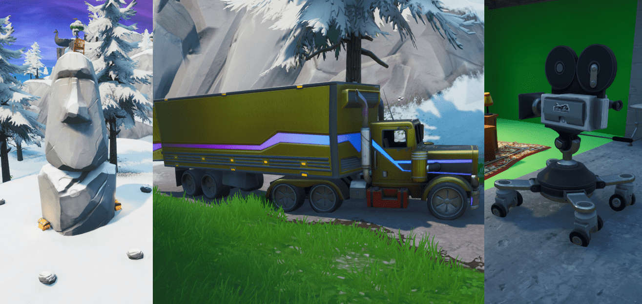 How To Complete Search Between a Basement Film Camera, a Snowy Stone Head and a Flashy Gold Big Rig Fortnite Challenge