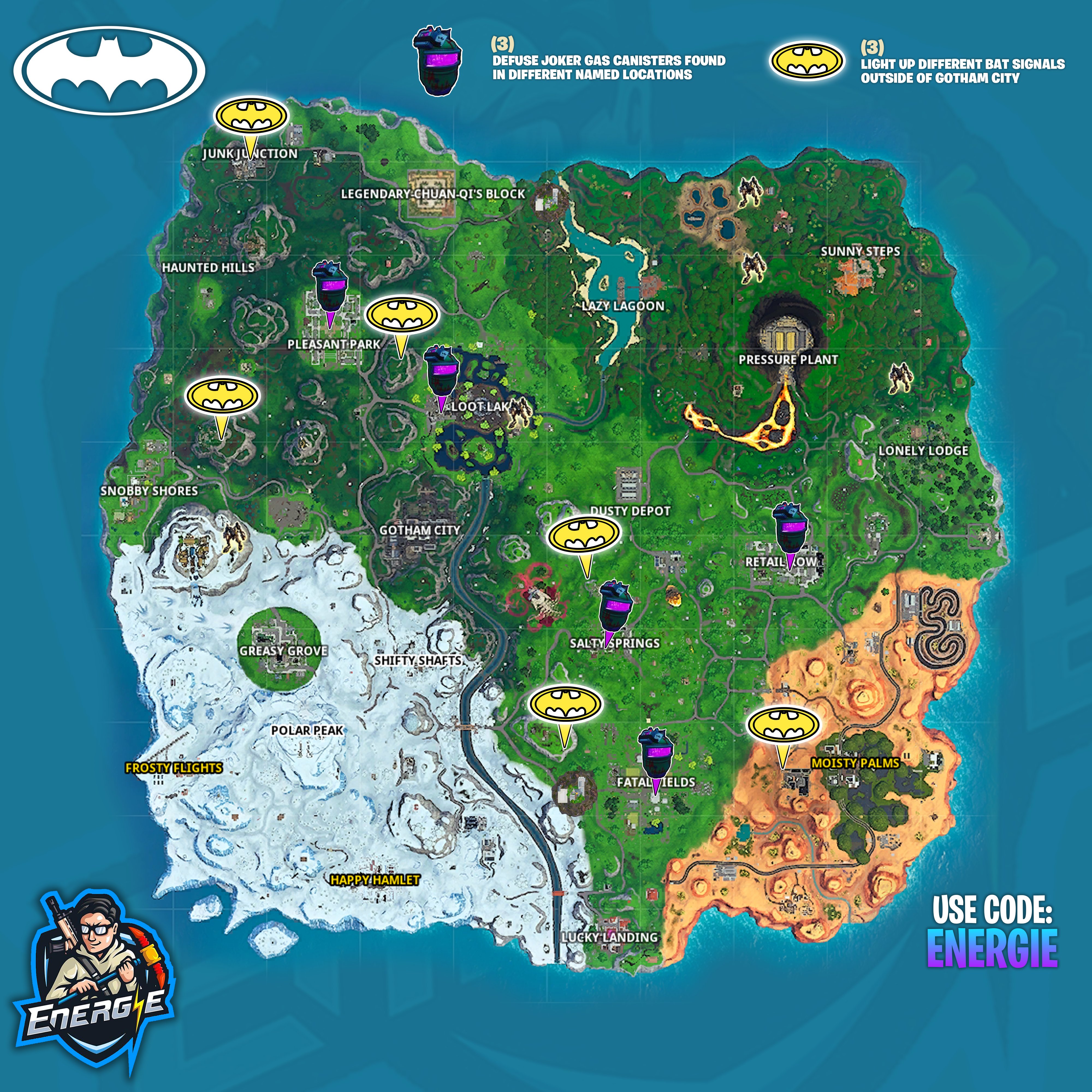 Fortnite x Batman Challenges Cheat Sheet Map Location Guide
