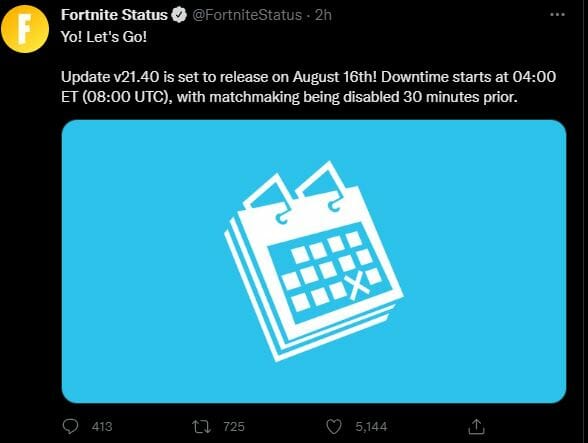 Fortnite Server Downtime v21.40 August 16 2022