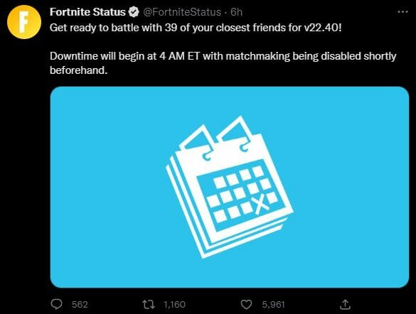 Fortnite Update Server Downtime v22.40 November 15 2022