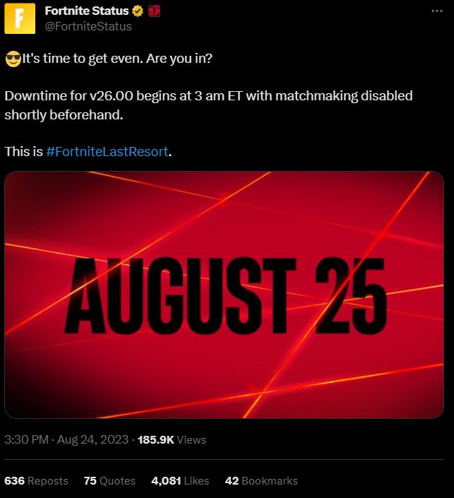 Fortnite 3.99 Update Downtime August 25 2023